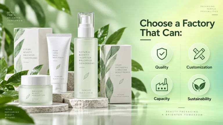 Infographic showing quality, customization, capacity and sustainability requirements for custom cosmetic paper packaging for beauty brands
