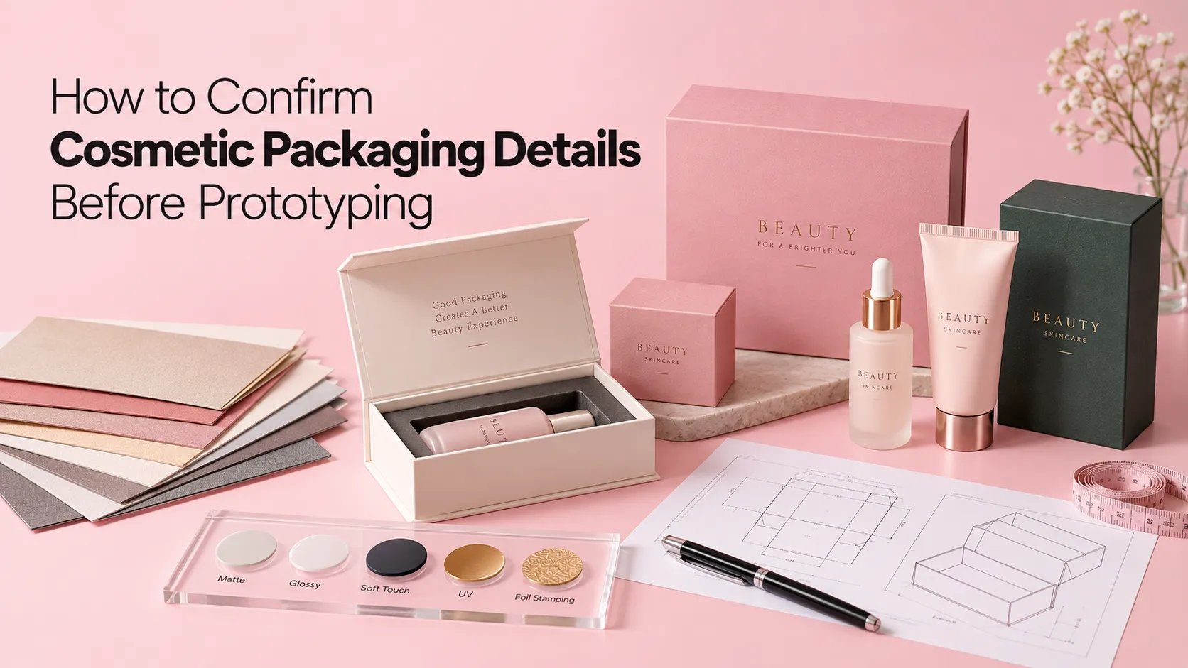 Cosmetic packaging pre‑sample prototyping workspace with custom paper boxes, dieline drawing and surface finish material swatches