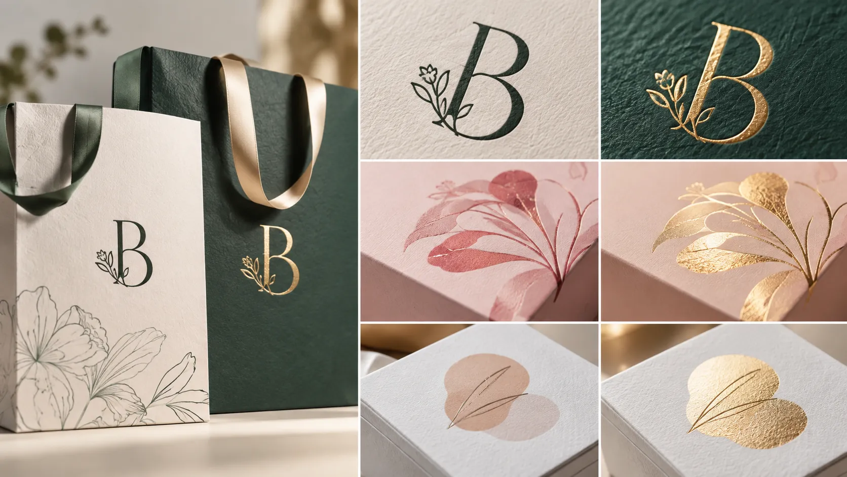 Custom cosmetic paper shopping bags comparing printed logo and gold foil stamped logo finishes