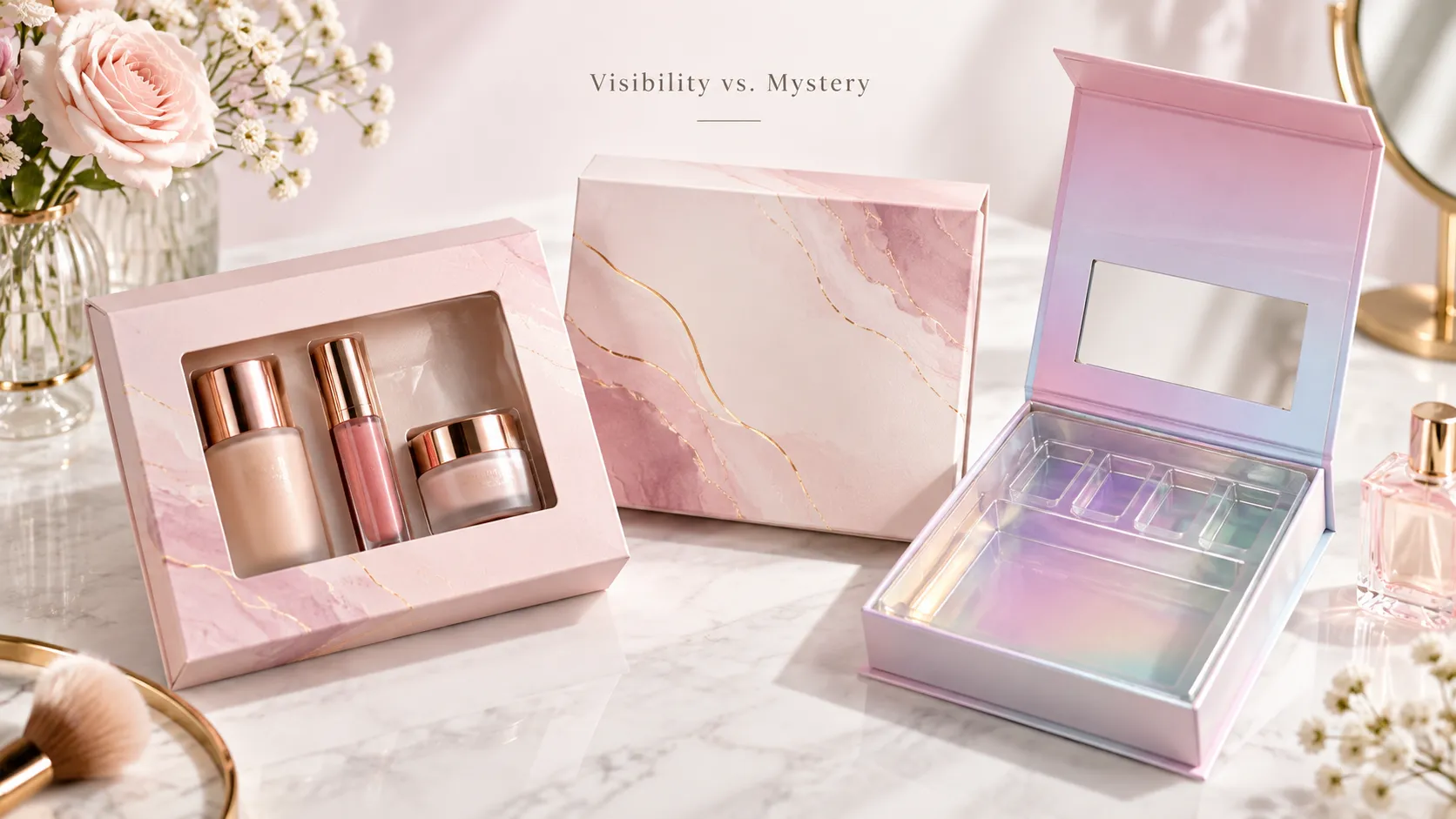 Cosmetic window box and closed box visibility vs mystery, luxury skincare packaging by Crown Win Packaging