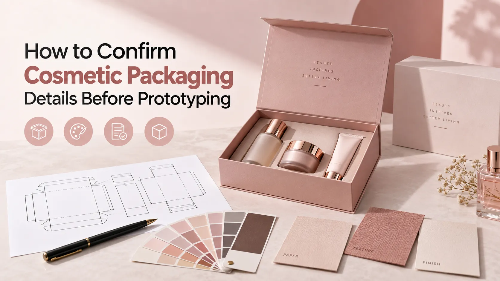 Custom cosmetic paper boxes with Pantone colour swatches, paper texture samples and dielines before sample making