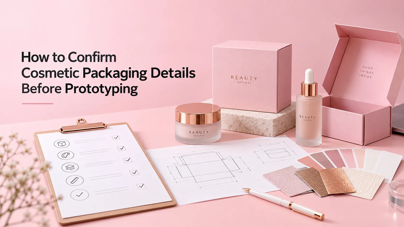 Pre‑sample‑making checklist for custom cosmetic packaging, box prototypes, dieline drafts and material sample swatches