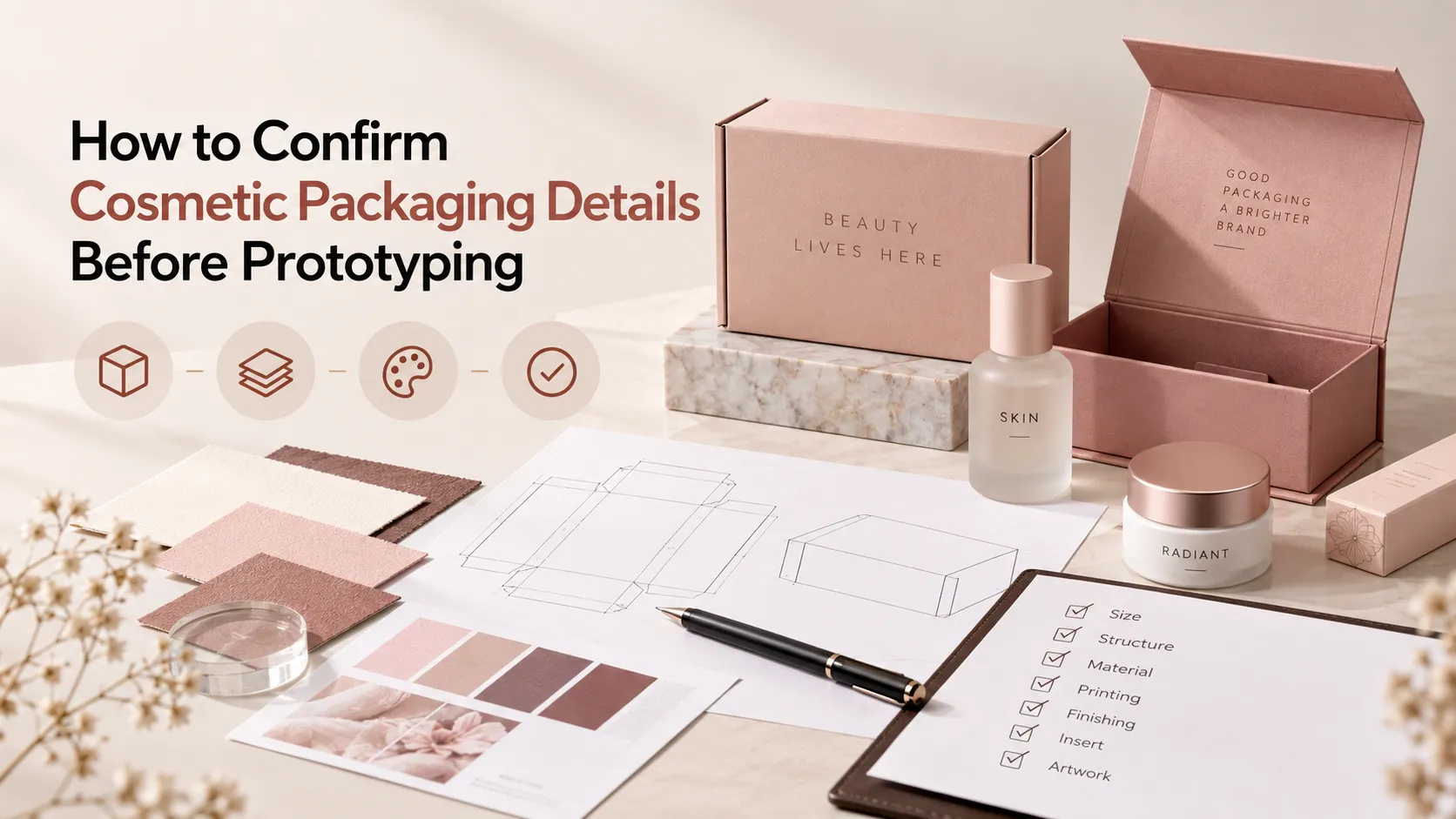 Checklist for cosmetic packaging size and structure confirmation, paper box dielines and cosmetic product containers for sampling