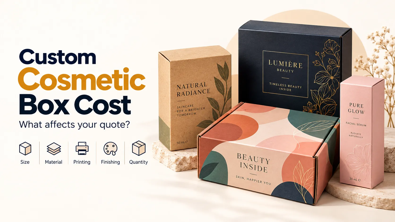 Custom cosmetic boxes illustrating how size, material, printing, finishing, and order quantity affect packaging costs