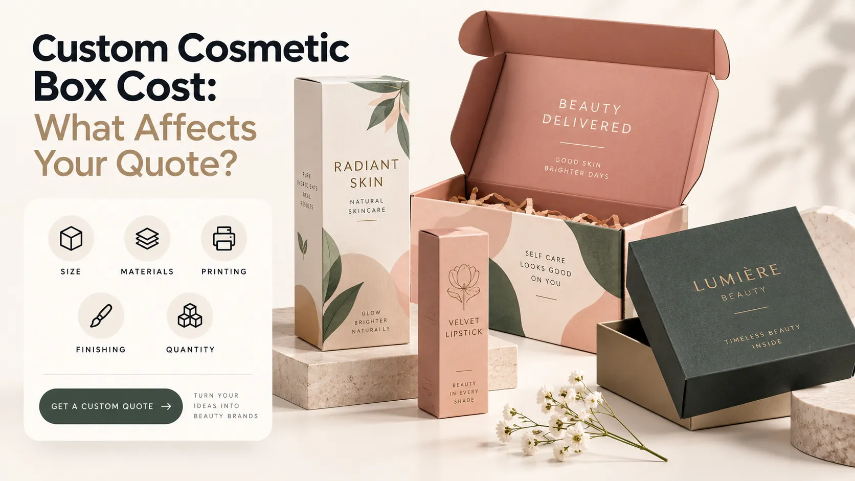 Custom cosmetic packaging examples with a quote checklist covering size, materials, printing, finishing, and quantity