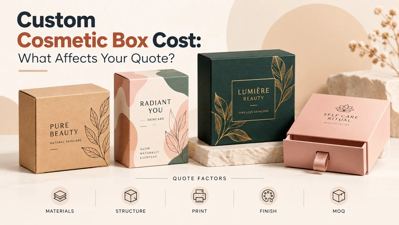 Custom skincare boxes with icons for material, box structure, printing, finishing, and minimum order quantity