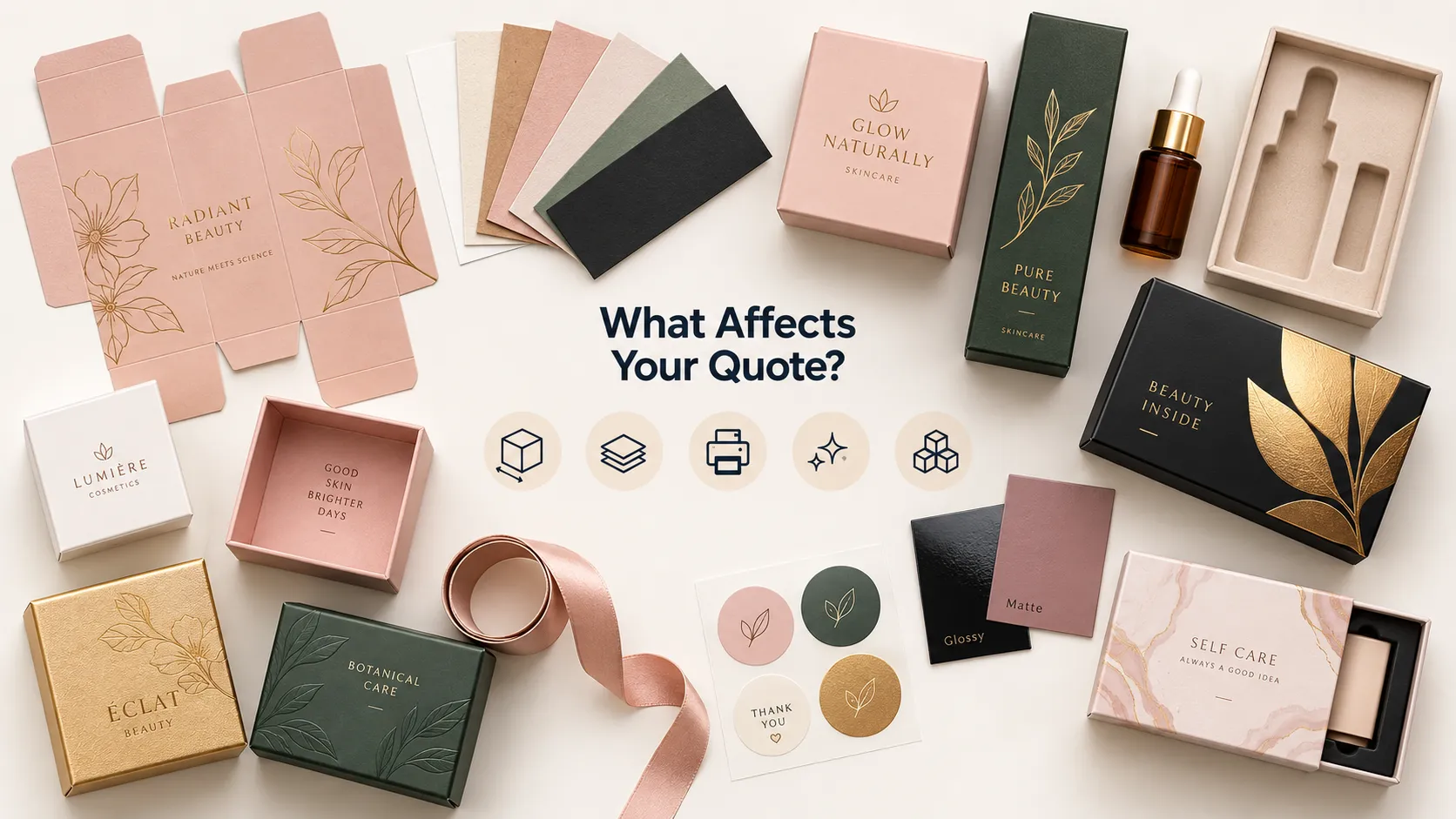 Cosmetic packaging options including folding cartons, rigid boxes, paper samples, and finish swatches