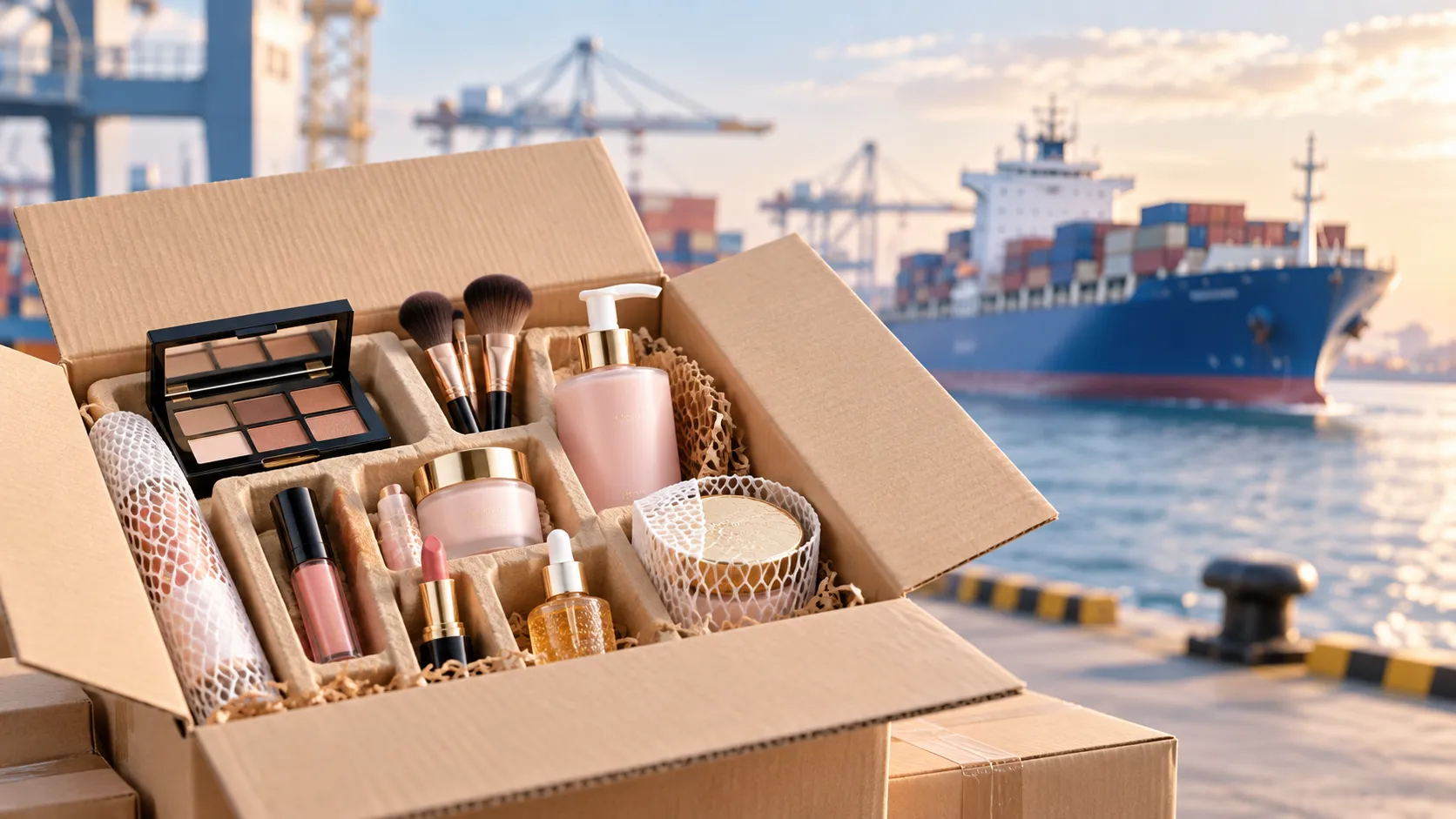 Open box of custom cosmetic packaging with beauty products at port with container ship for sea freight export