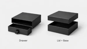 Drawer boxes vs lid and base boxes side‑by‑side comparison, two rigid packaging styles for skincare gift sets