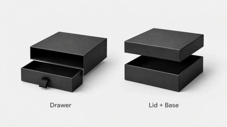 Drawer boxes vs lid and base boxes side‑by‑side comparison, two rigid packaging styles for skincare gift sets