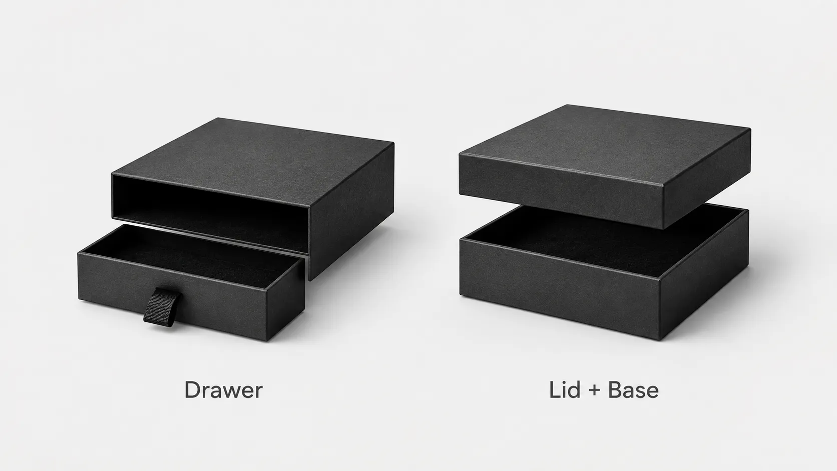 Drawer boxes vs lid and base boxes side‑by‑side comparison, two rigid packaging styles for skincare gift sets