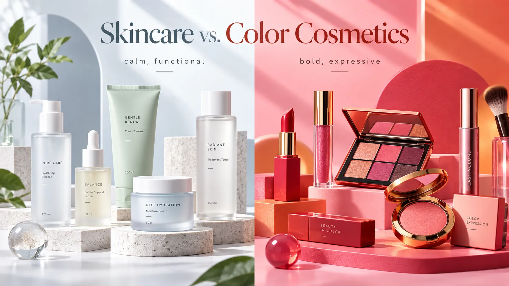 Functional skincare packaging and bold expressive makeup packaging display, custom printed cosmetic paper boxes for beauty brand sourcing