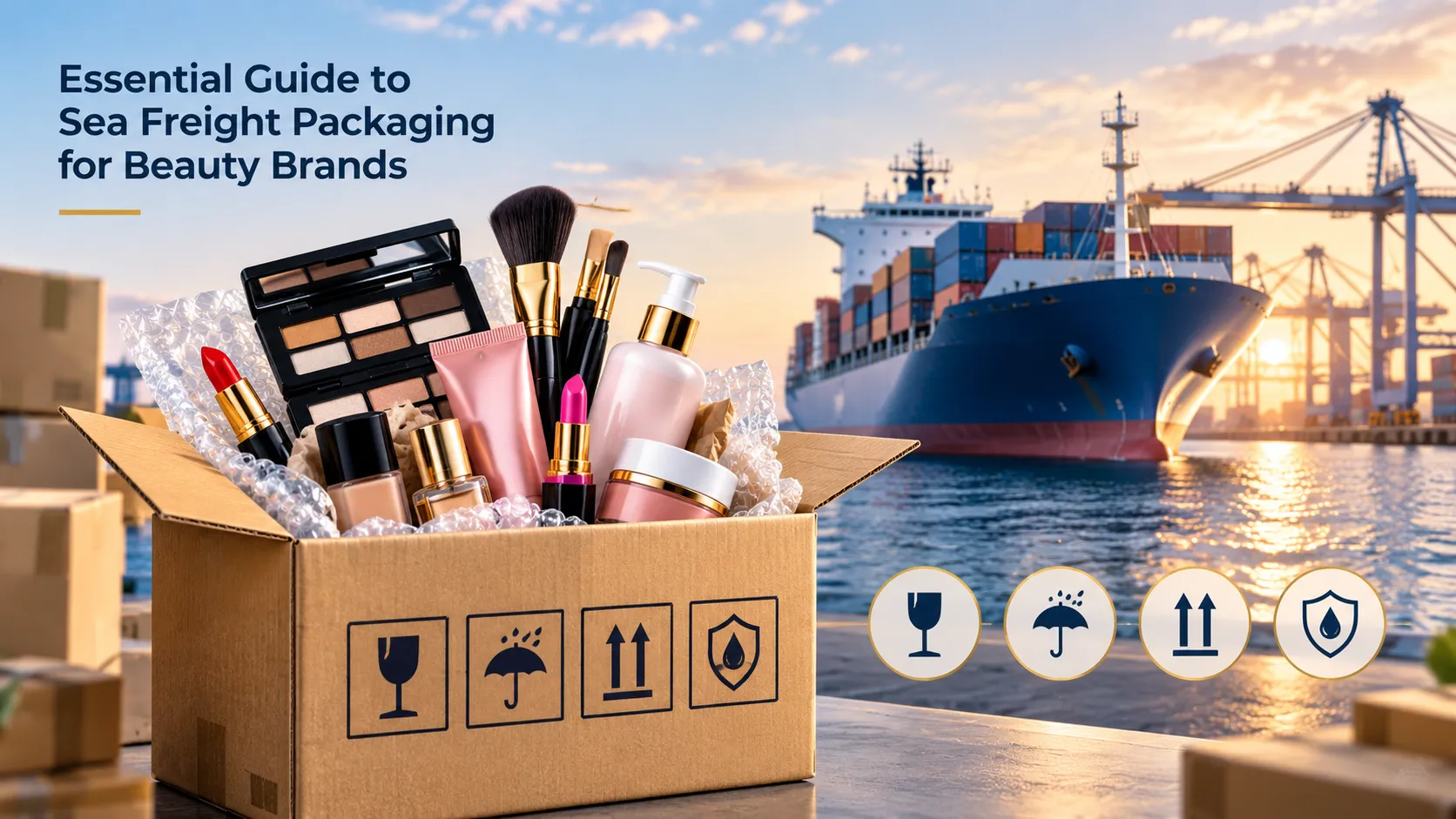 Banner for guide to sea freight packaging for beauty brands, custom cosmetic boxes with shipping handling symbols at seaport