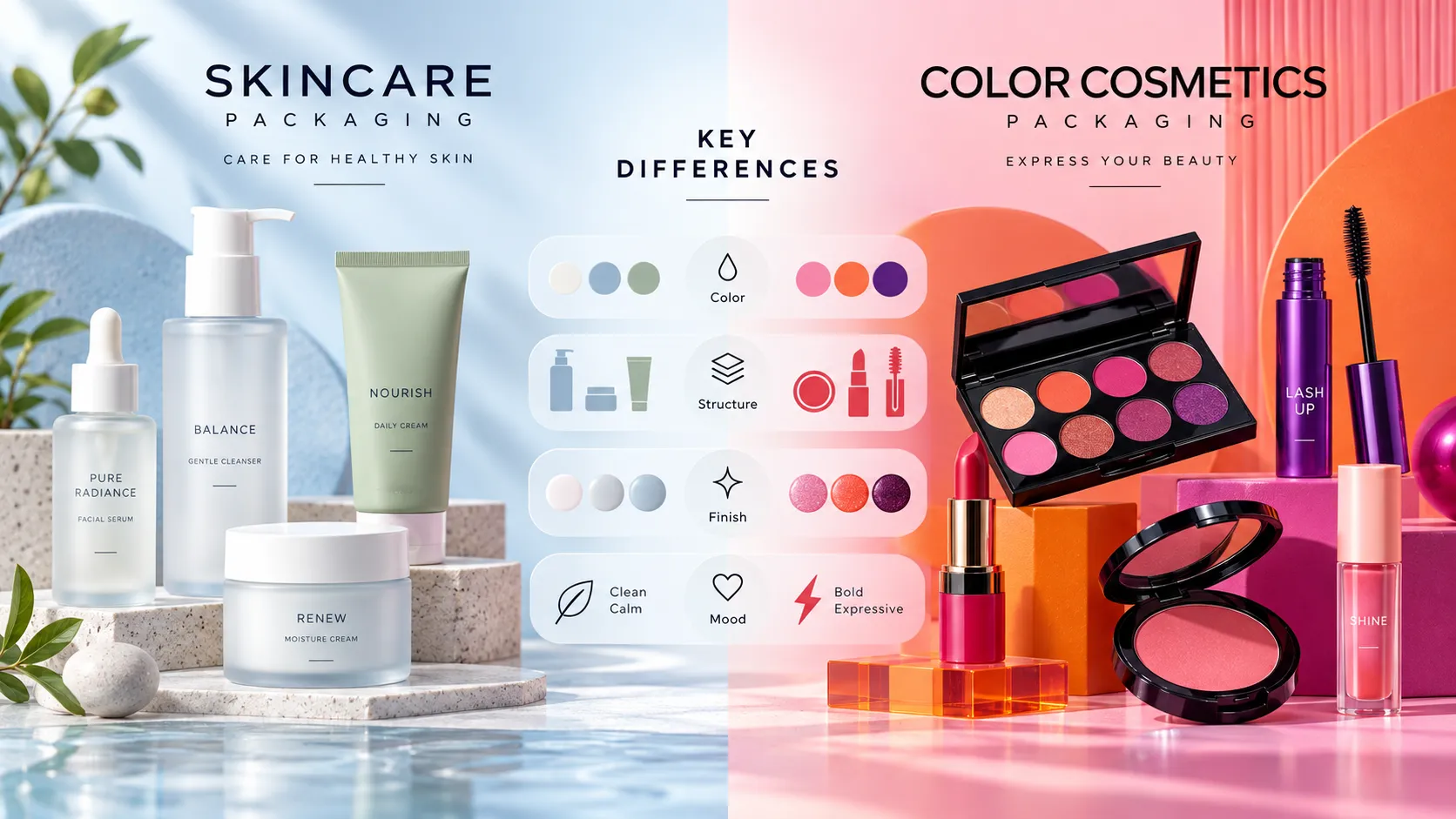 Infographic showing key differences between skincare packaging and makeup packaging, material, structure and surface finish comparison for custom cosmetic paper boxes