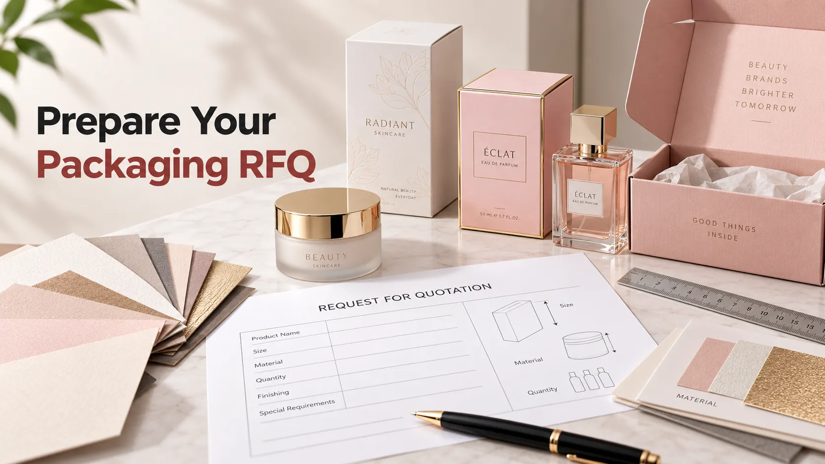 Beauty brand preparing request for quotation form for custom cosmetic paper packaging with box samples, material swatches and measuring tools