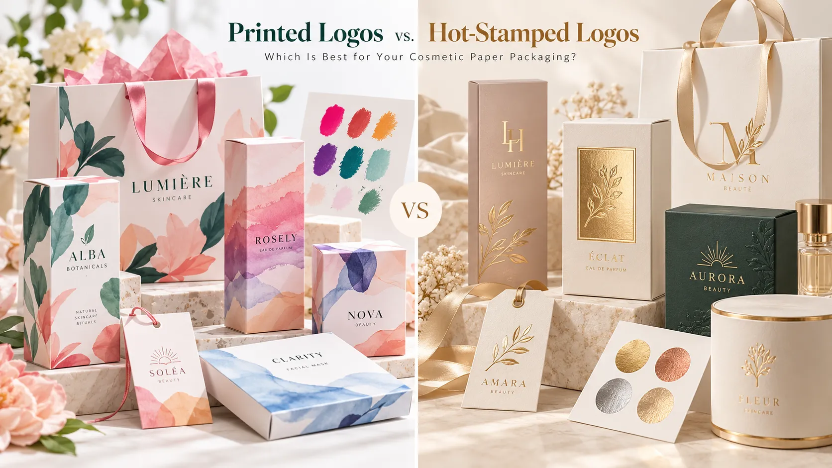 Printed logos vs hot-stamped logos comparison banner for custom cosmetic paper packaging