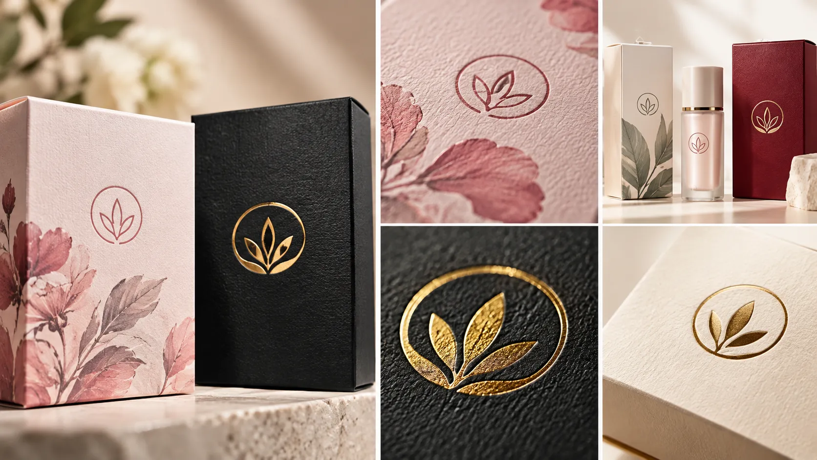 Skincare paper boxes with printed brand logo and gold hot foil stamping logo for cosmetic packaging