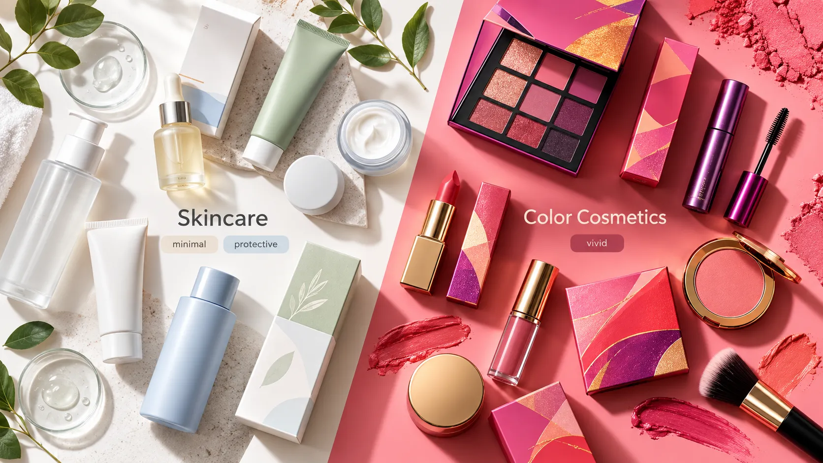 Skincare packaging vs makeup packaging side by side comparison, protective skincare paper boxes and vivid printed makeup cosmetic boxes for beauty export brands