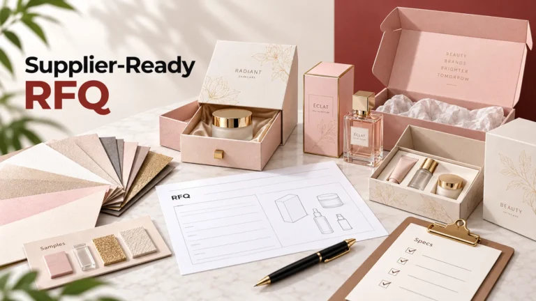 Supplier‑ready RFQ document with cosmetic box samples and material swatches for custom cosmetic paper packaging project