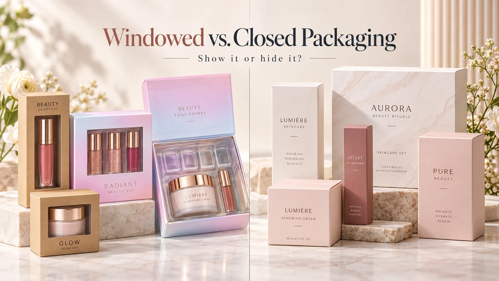 Windowed and closed cosmetic packaging show it or hide it, custom printed beauty paper boxes for export