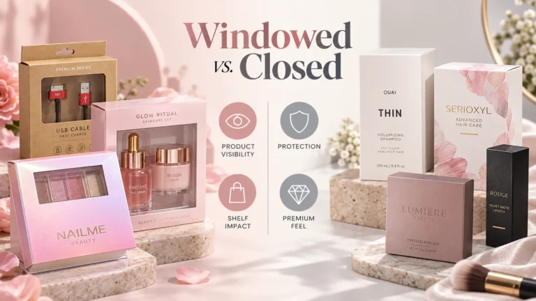 Windowed vs closed beauty packaging comparison infographic, product visibility and protection for cosmetic brands