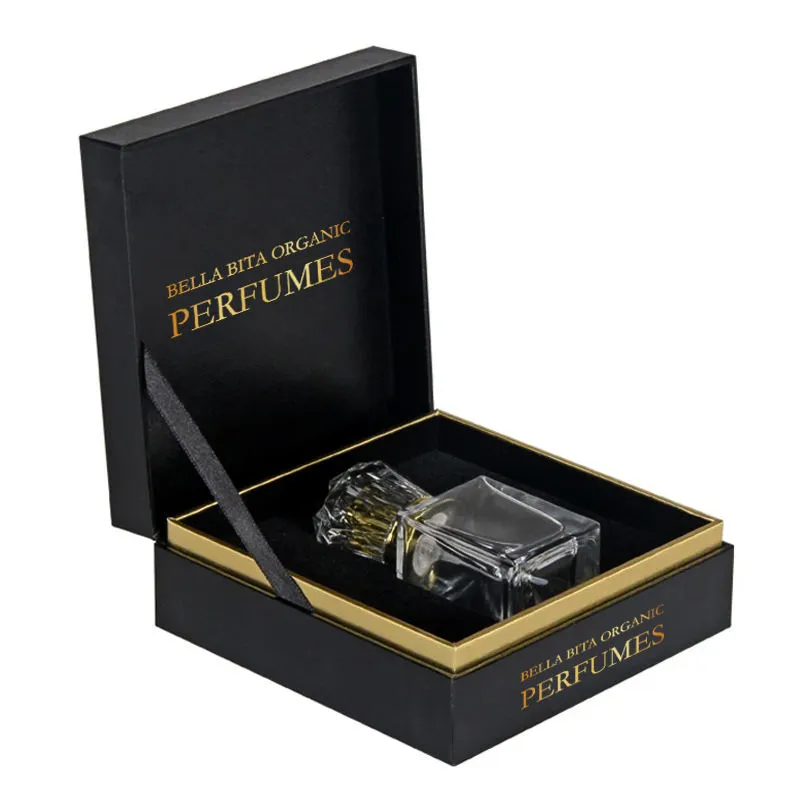 Open black perfume gift box with a glass fragrance bottle
