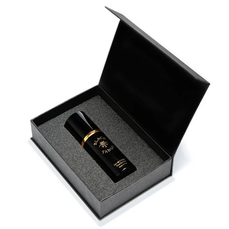 Black perfume bottle secured in a foam-lined presentation box