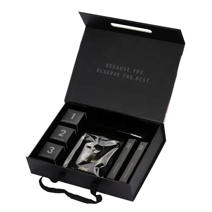 Open black perfume discovery set box with multiple compartments