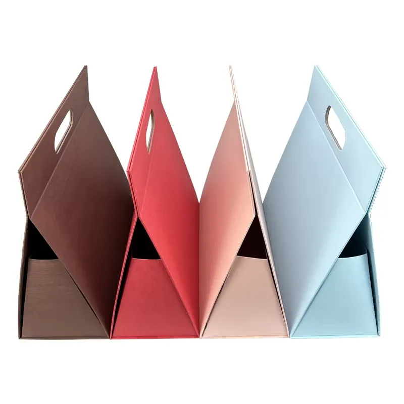 Foldable paper shopping bags shown in several colors