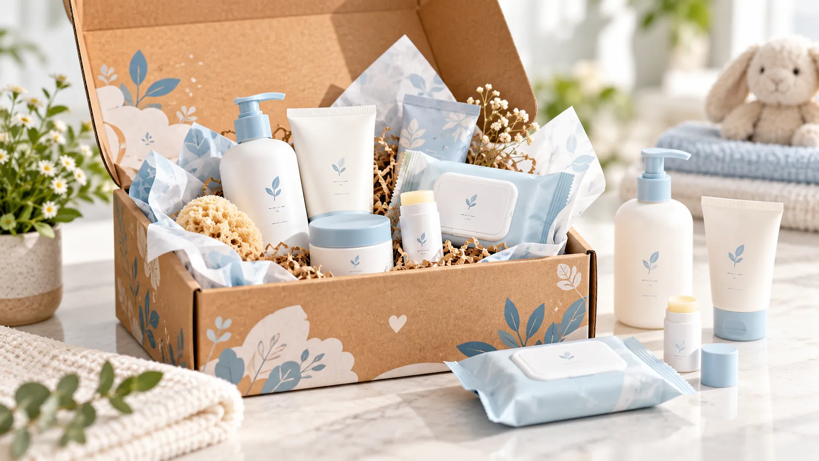 Caja de regalo de papel personalizada para productos para piel sensible, con frascos hipoalergénicos para el cuidado de la piel; caja de papel kraft con impresión segura para marcas de belleza