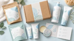 Cajas de papel personalizadas con bajo pedido mínimo para productos para piel sensible, con diseño plano; conjunto de empaques de papel impresos y seguros para artículos de belleza hipoalergénicos