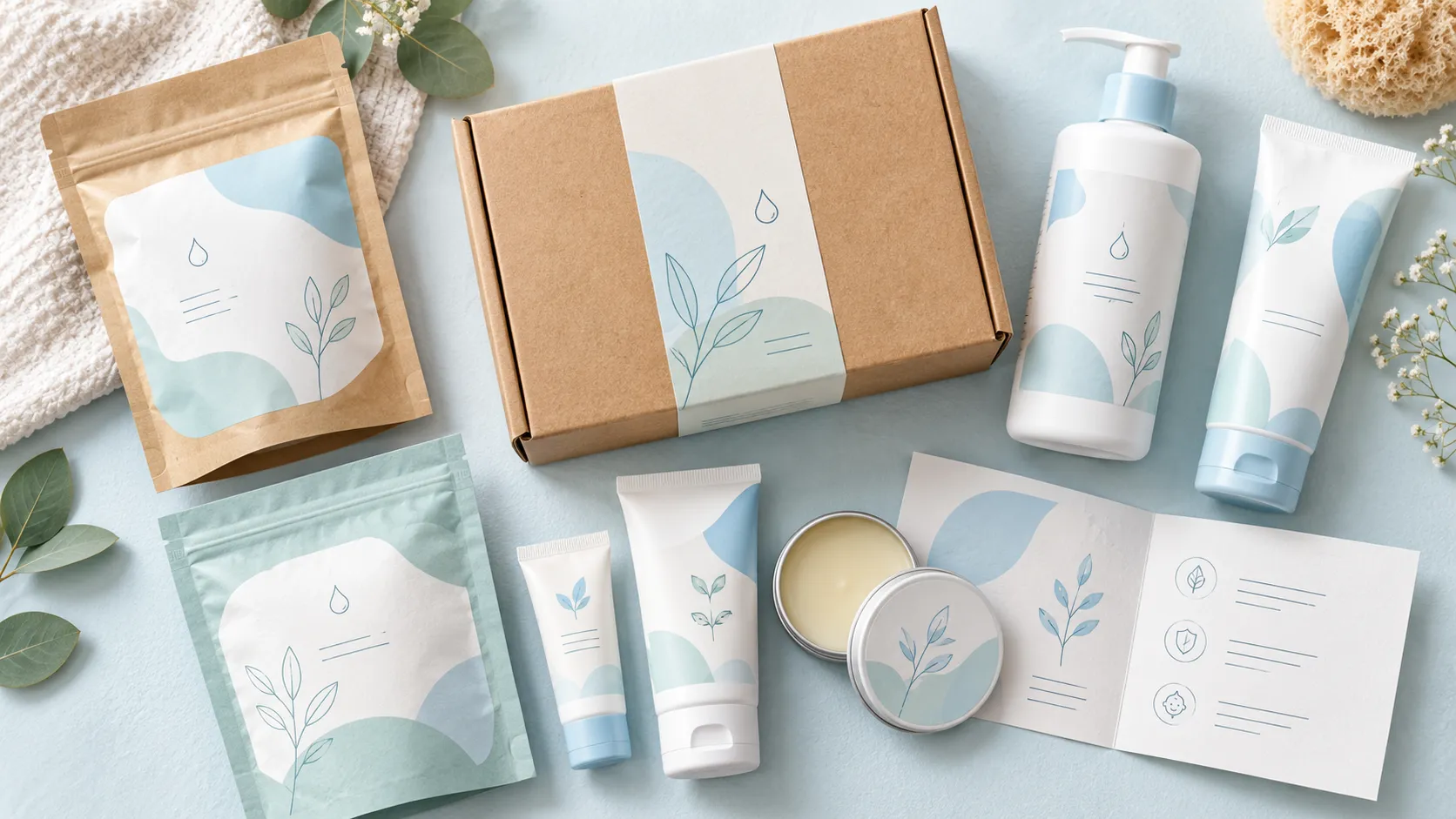 Cajas de papel personalizadas con bajo pedido mínimo para productos para piel sensible, con diseño plano; conjunto de empaques de papel impresos y seguros para artículos de belleza hipoalergénicos