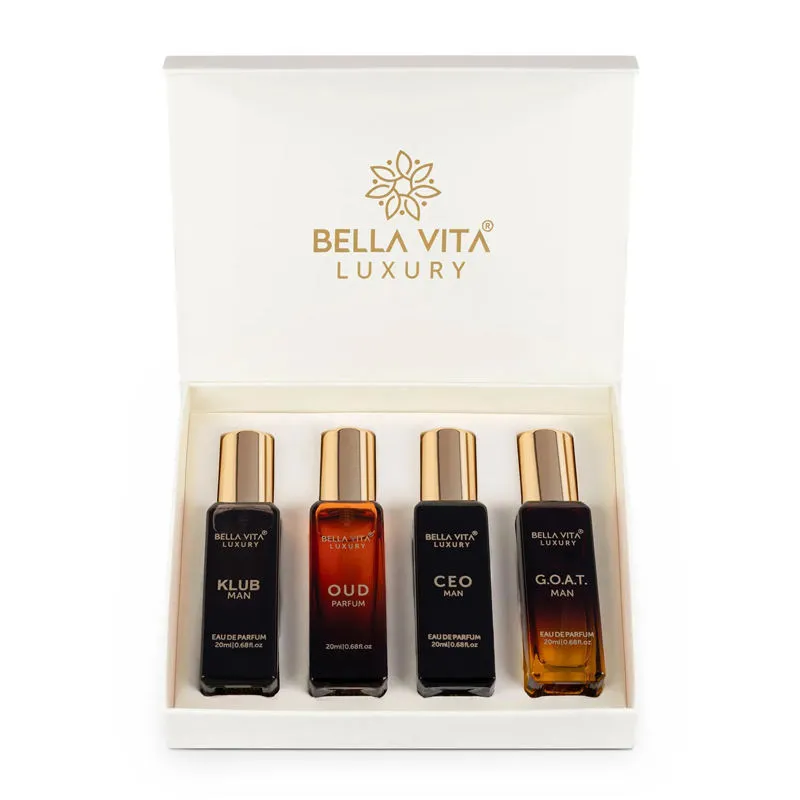 Luxury perfume sampler gift box with four miniature fragrance bottles