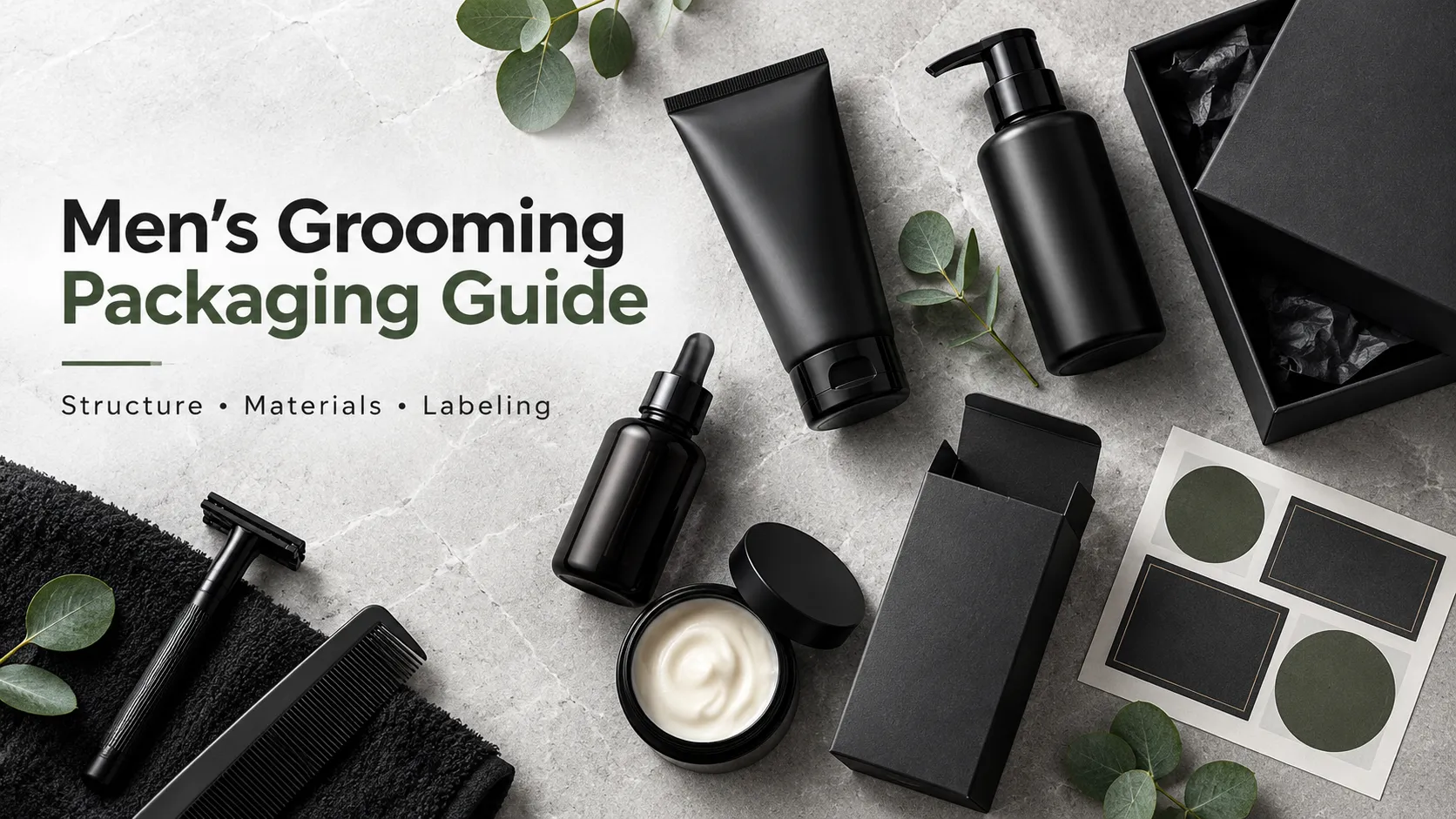 Men’s grooming packaging guide featuring skincare bottles, cartons, a razor, a comb, and coordinated black and olive-green packaging.