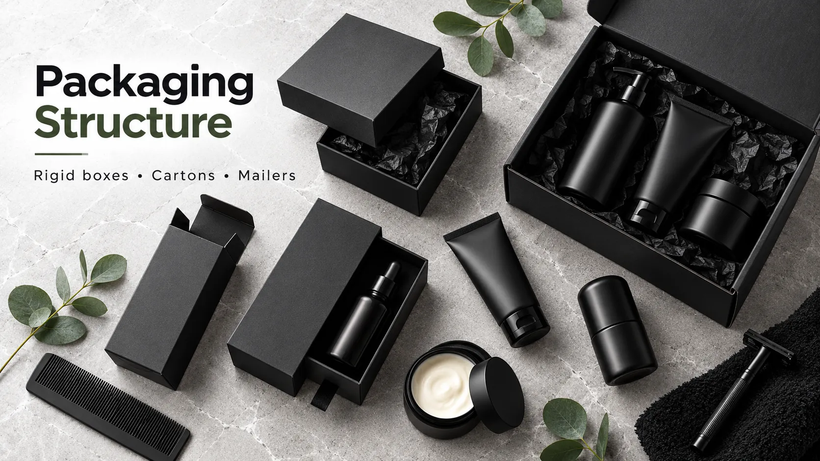 Packaging for men's grooming products, with skincare bottles, cartons, and black, kraft, and green paperboard swatches.