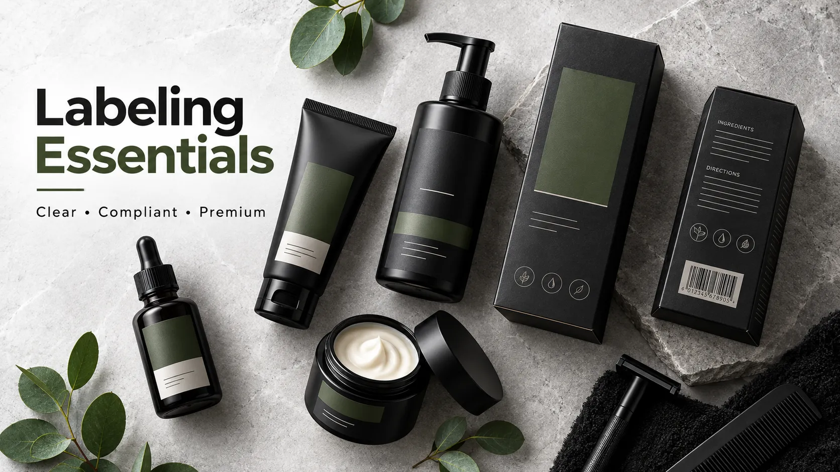 Men’s grooming packaging with ingredient, directions, symbol, and barcode panels beside skincare bottles and a tube.