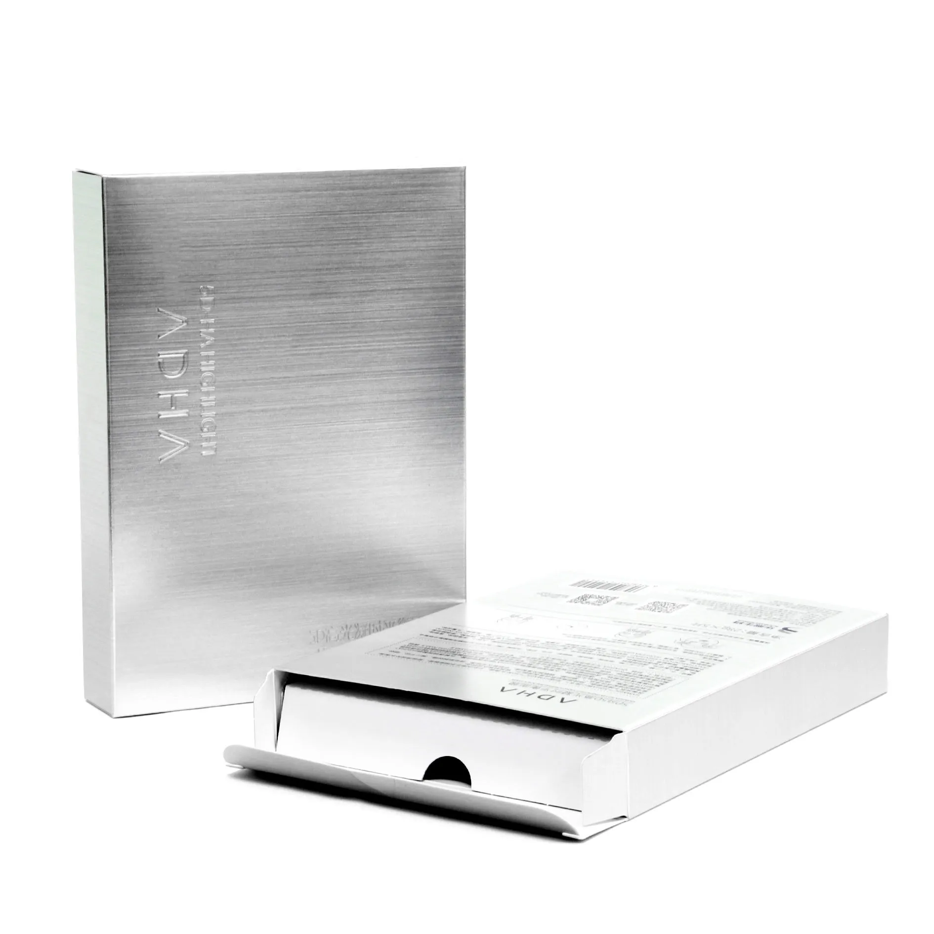 Silver cosmetic drawer box shown open and closed
