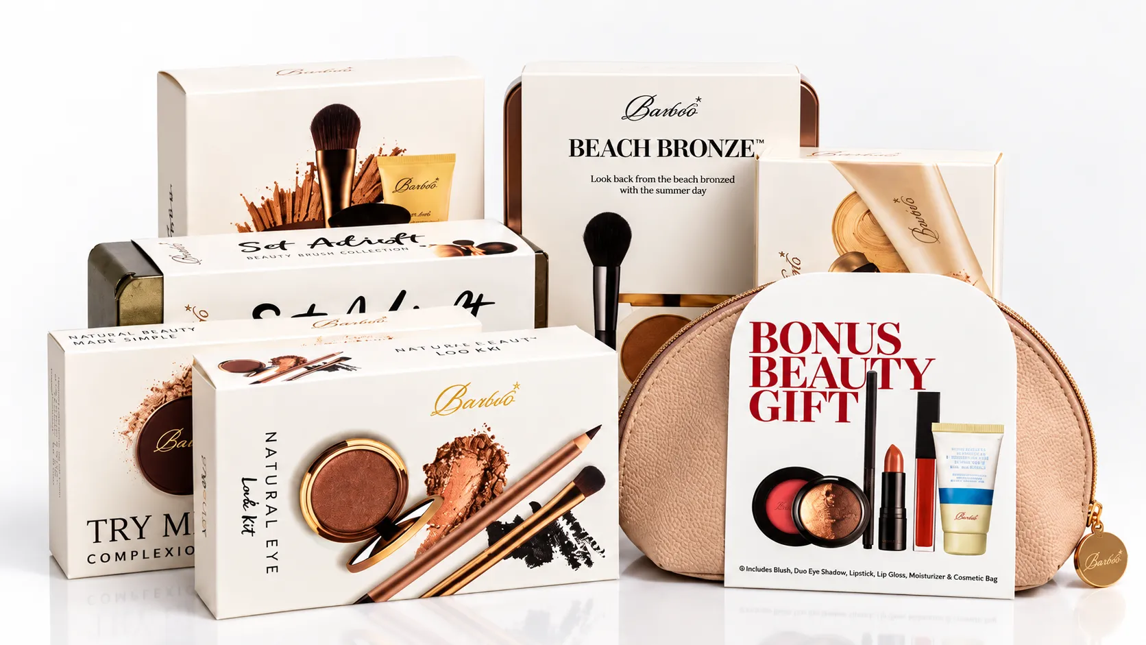 Skincare e-commerce gift set with custom cosmetic boxes and a beauty pouch