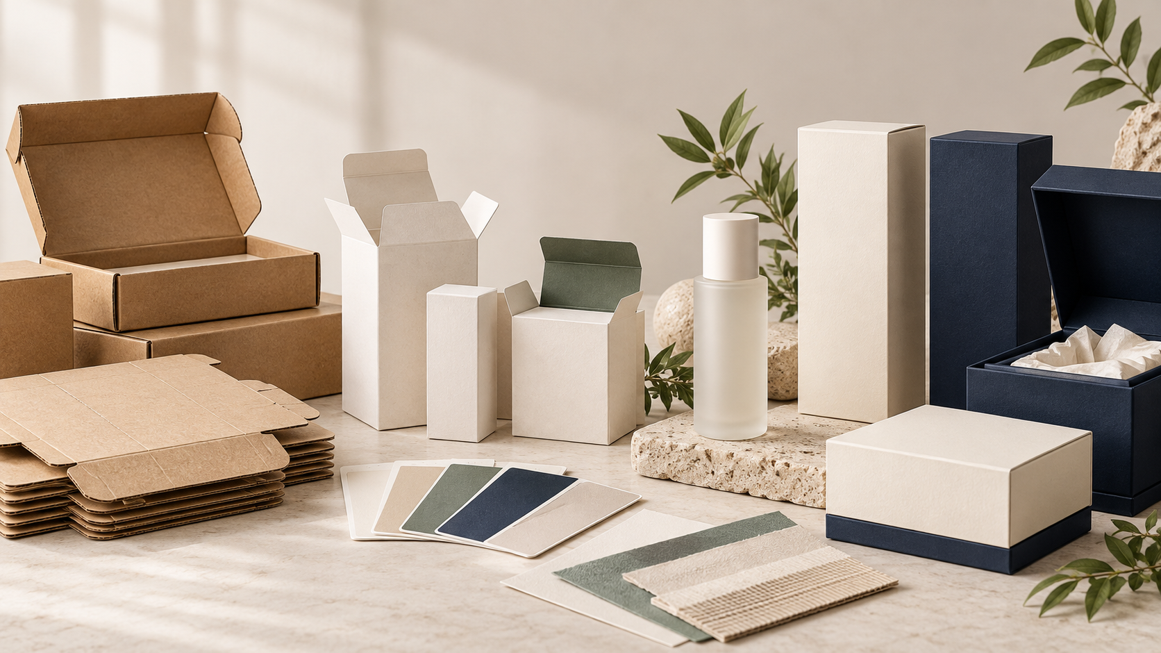 Opciones de abastecimiento de empaques para productos cosméticos, desde cajas en stock y muestras hasta cajas personalizadas listas para usar